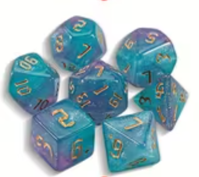 Set 7 Dados Poliedricos de Rol RPG Traslucidos Bicolor Glitter