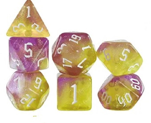 Set 7 Dados Poliedricos de Rol RPG Traslucidos Bicolor Glitter