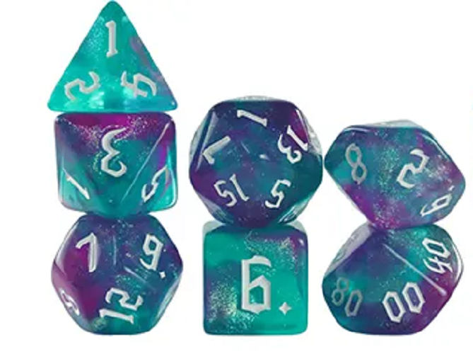 Set 7 Dados Poliedricos de Rol RPG Traslucidos Bicolor Glitter