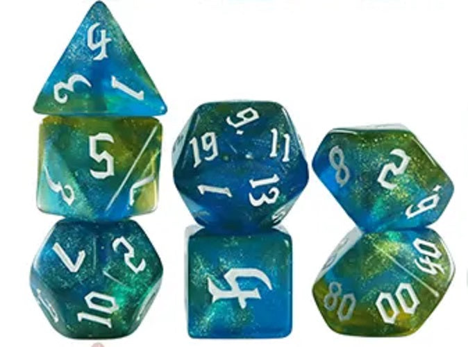 Set 7 Dados Poliedricos de Rol RPG Traslucidos Bicolor Glitter