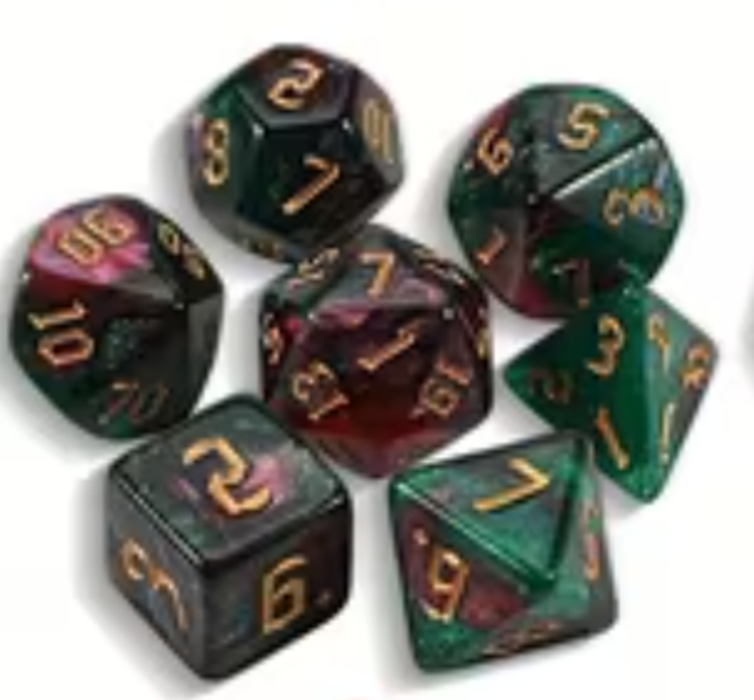Set 7 Dados Poliedricos de Rol RPG Traslucidos Bicolor Glitter