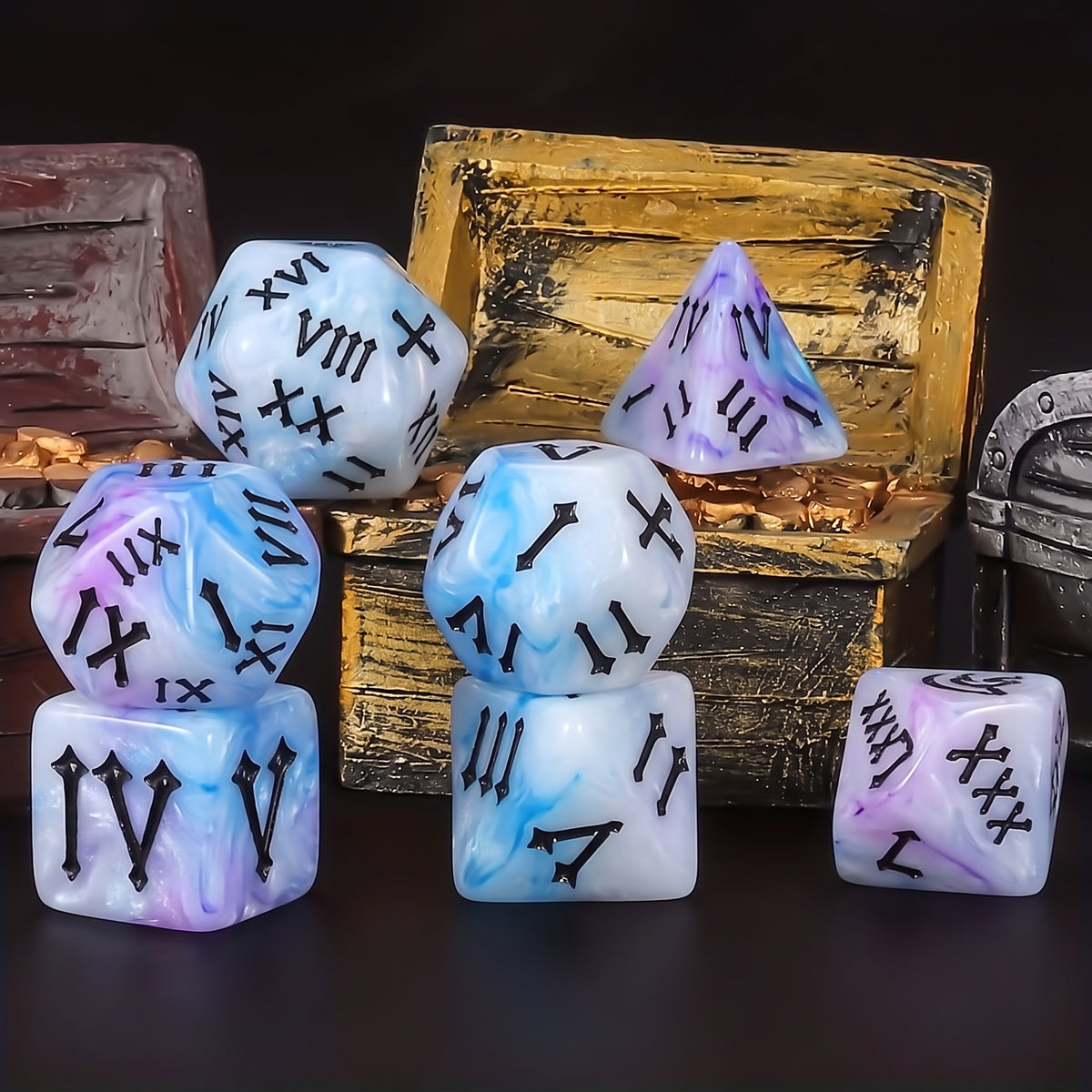 Set 7 Dados Poliédricos de Rol Números Romanos RPG Perlados